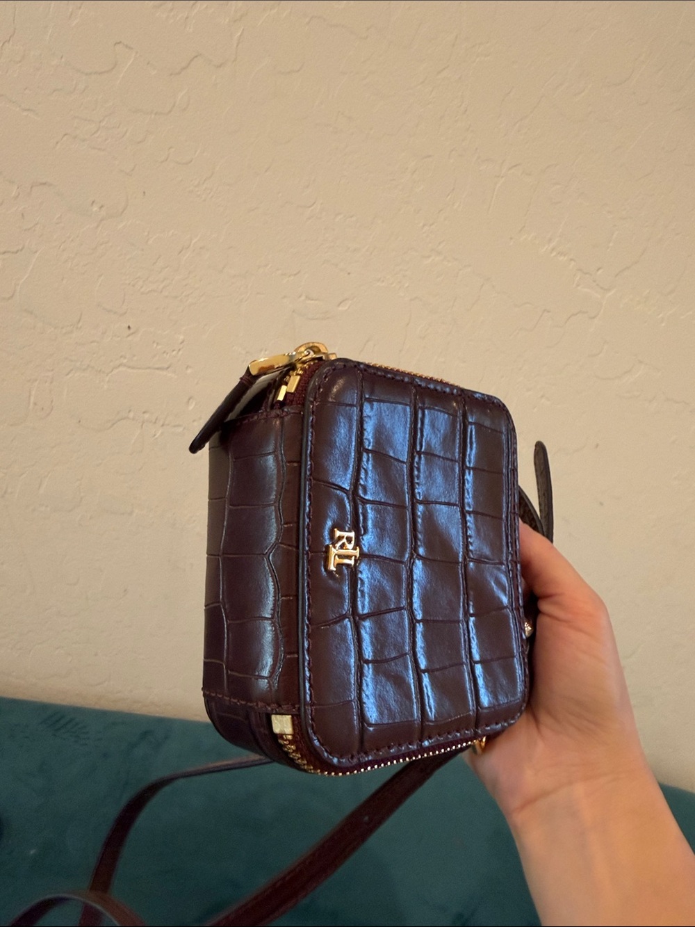 Ralph Lauren Dark Brown Croc-Embossed Mini Crossbody Wallet - Picture 3 of 6